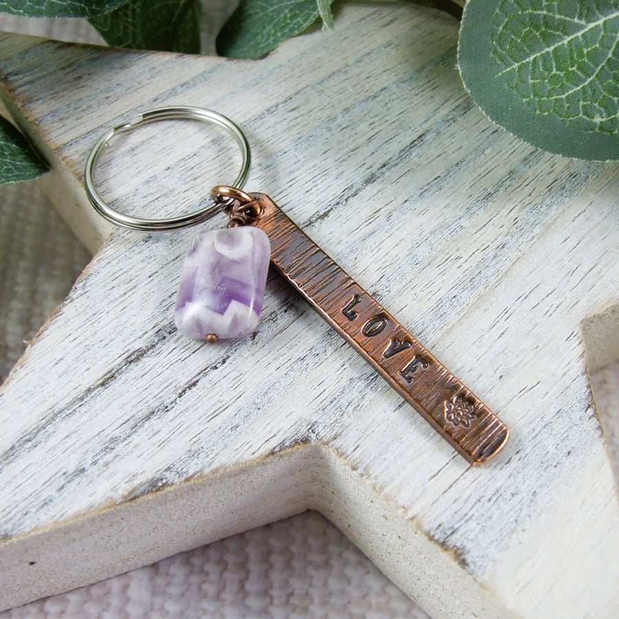 Bag Charm, Copper Stamped Love and a Flower with Amethyst Gemstone