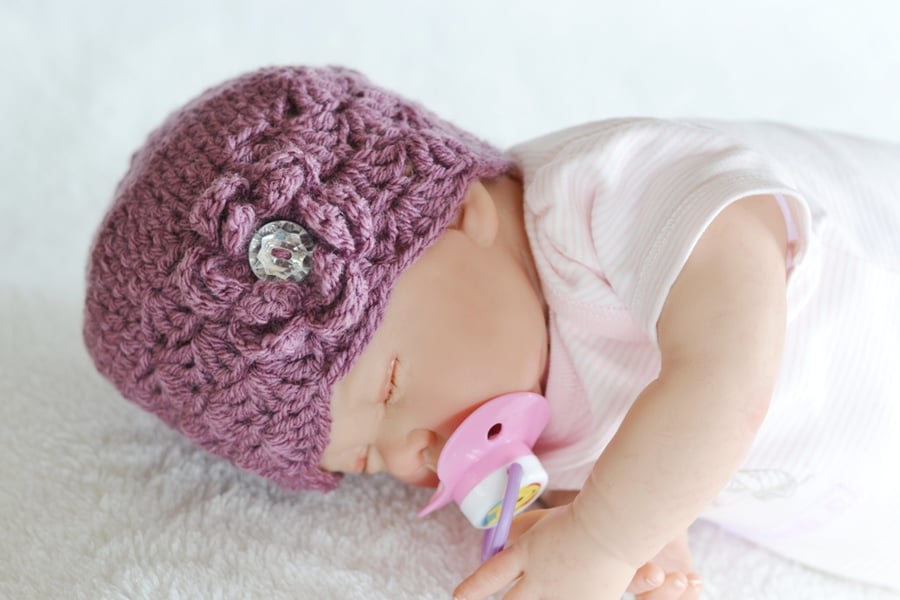 Newborn Girls  Heather Crochet Baby Hat with Flower