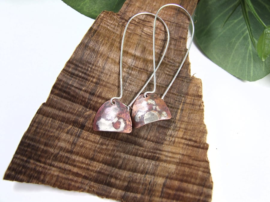 Artisan Earrings, Sterling Silver and Copper Half Circle Dropper