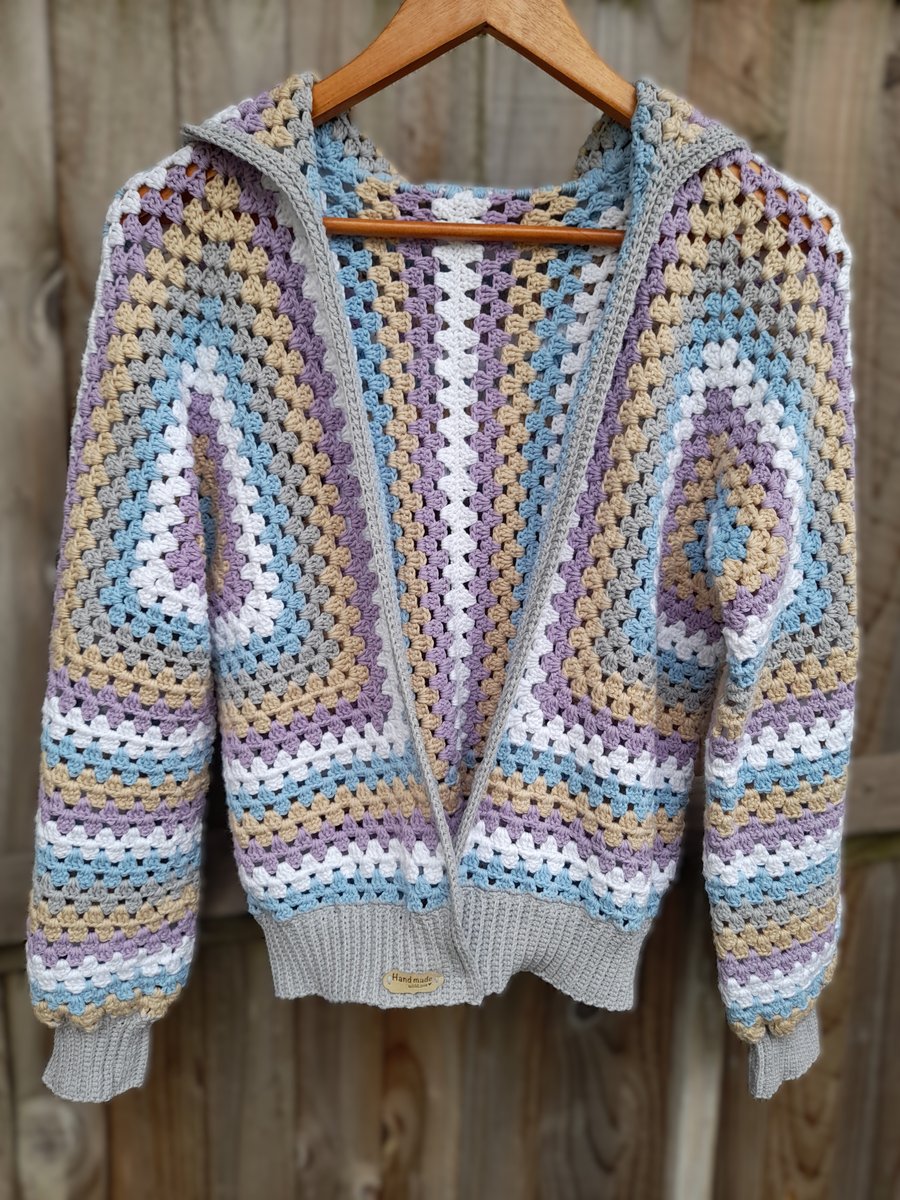  Crochet Hexagon Hoodie,  Granny Square Cardigan, Cotton Boho Hexi Jumper