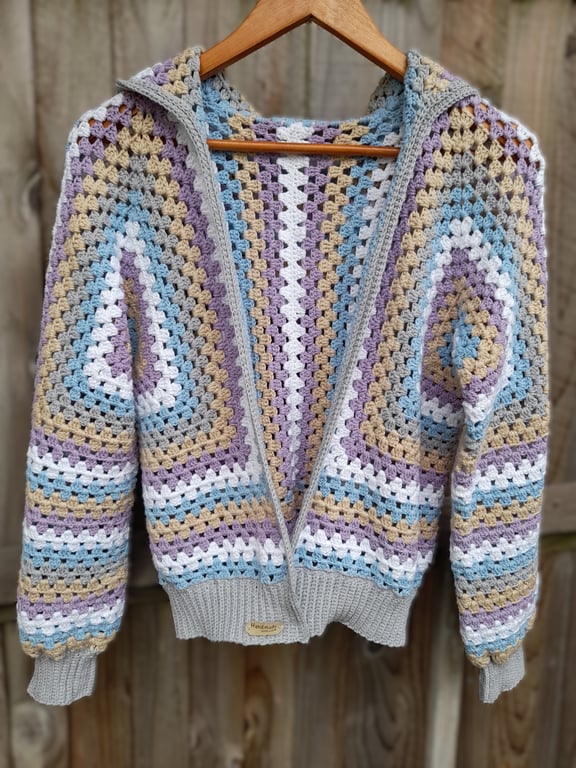  Crochet Hexagon Hoodie,  Granny Square Cardigan, Cotton Boho Hexi Jumper