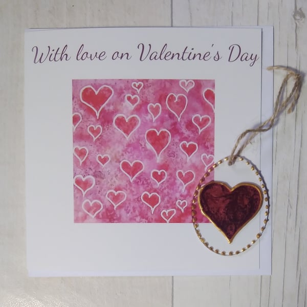 Valentine's Day card. Hearts card and heart sun catcher gift.