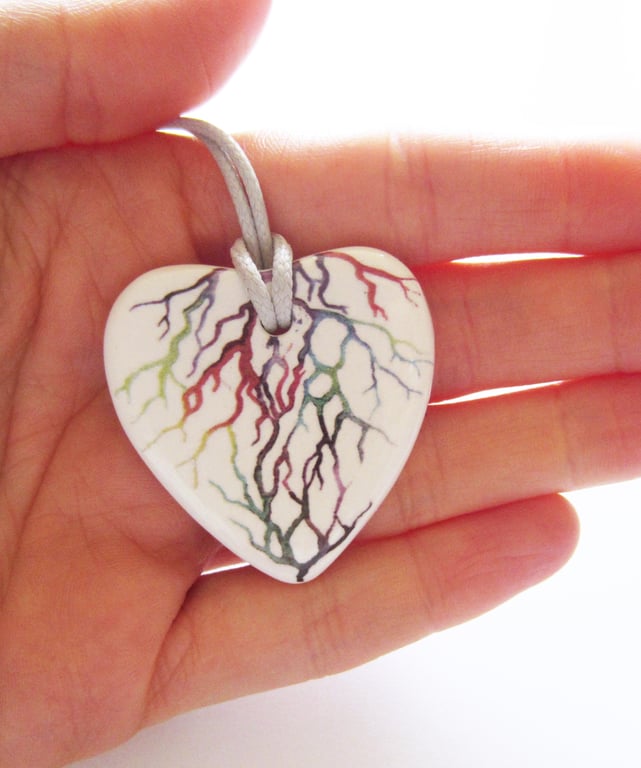 Tree of Life Artwork on Heart Shaped Ceramic Pendant on Grey Cord