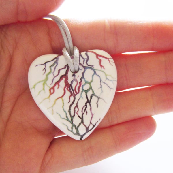 Tree of Life Artwork on Heart Shaped Ceramic Pendant on Grey Cord
