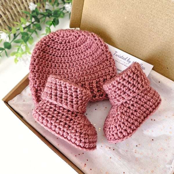 Newborn Crochet Baby Beanie Hat & Booties Gift Set - Cinder Rose Pink
