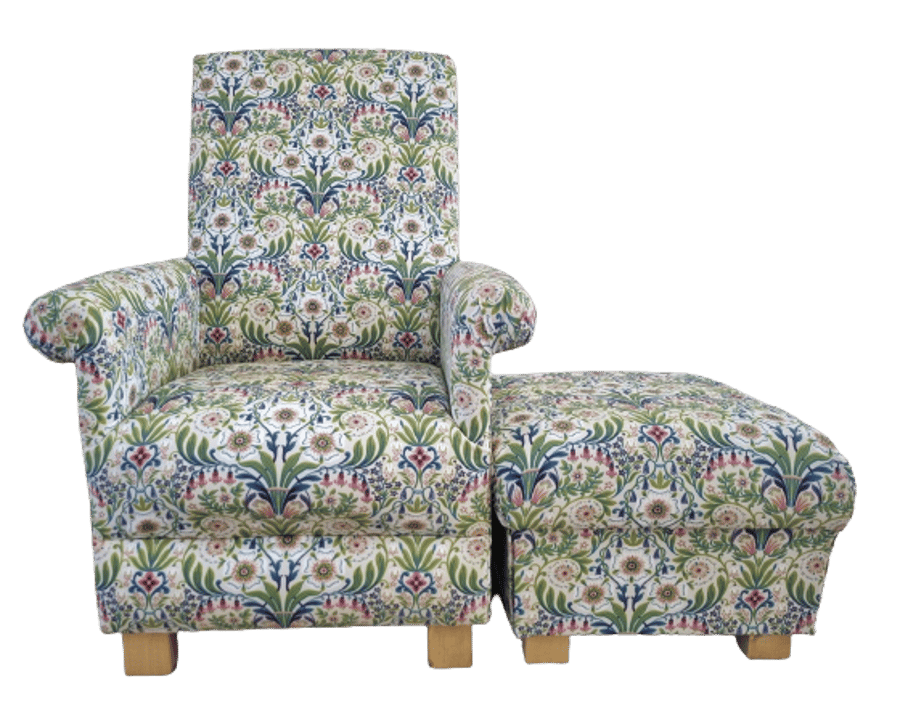 Fryetts Molly Fabric Adult Chair & Footstool Blue Green Floral Armchair Accent