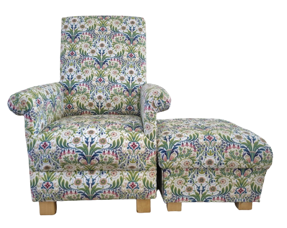Fryetts Molly Fabric Adult Chair & Footstool Blue Green Floral Armchair Accent