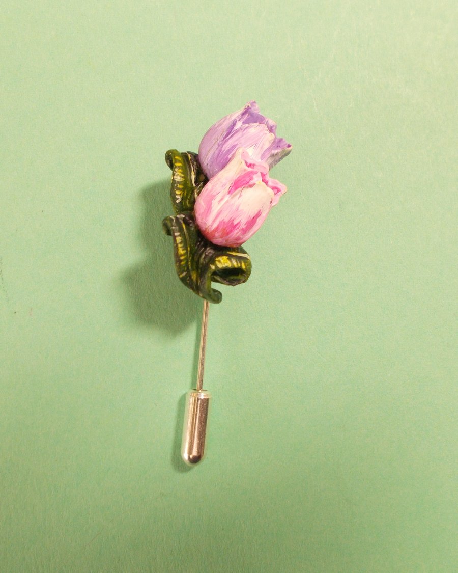 Pastel PINK & PURPLE TULIP PIN Floral Spring Wedding Lapel Flower HAND PAINTED