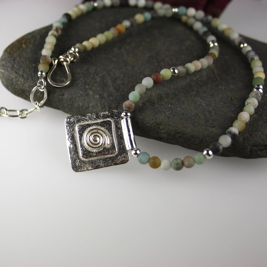 Silver and amazonite spiral pendant necklace