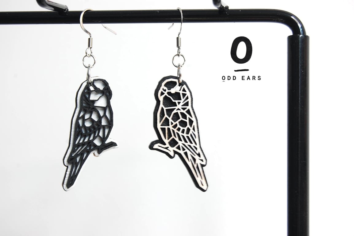 Mismatched Geometric Parakeet Earrings - Laser Cut Wooden Jewellery Gift