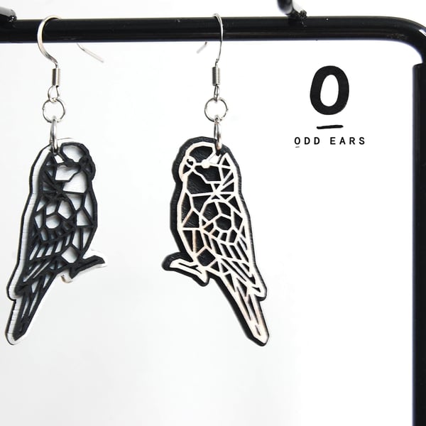Mismatched Geometric Parakeet Earrings - Laser Cut Wooden Jewellery Gift