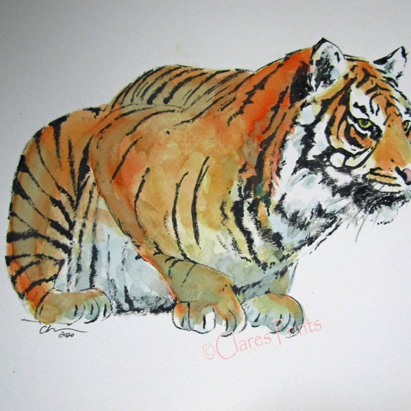 Tiger Look Original Cat Watercolour Art Painting OOAK