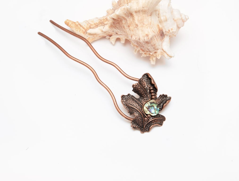 Antique Copper Leaf Hair Fork – Abalone Shell Accent Hair Stick for Updos