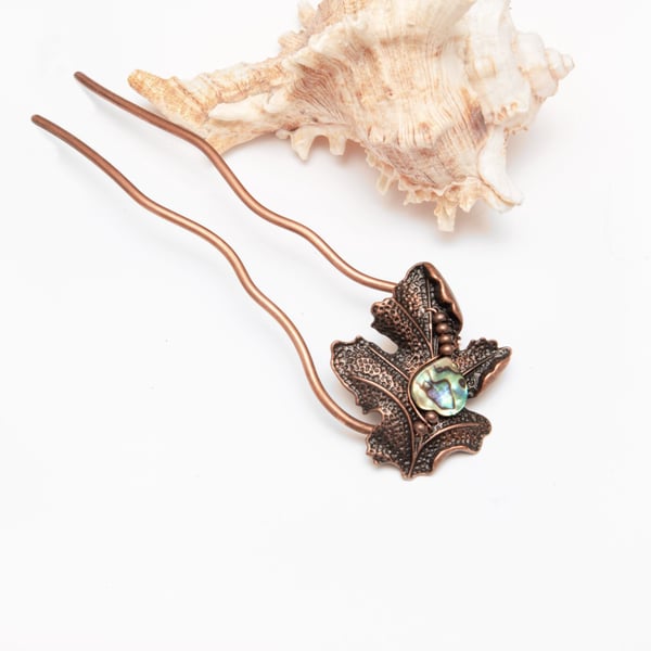 Antique Copper Leaf Hair Fork – Abalone Shell Accent Hair Stick for Updos