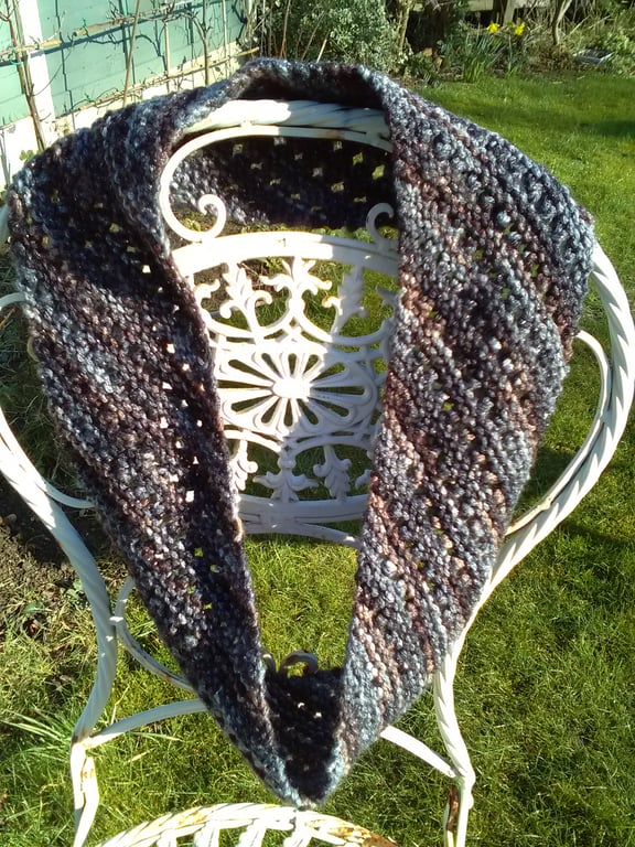 Handknit Long Lacy Circular Cowl in Grey Black Brown