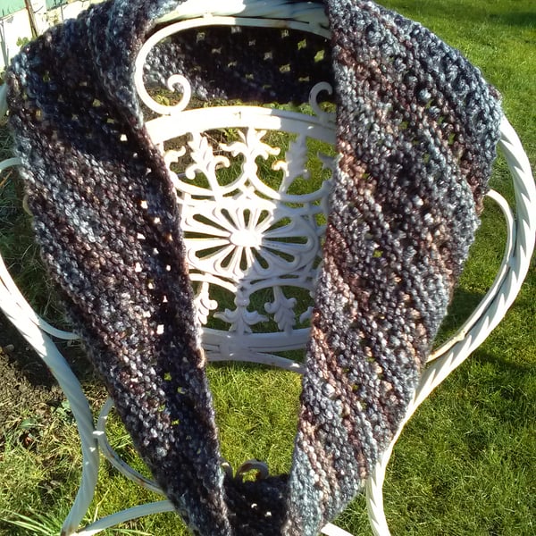 Handknit Long Lacy Circular Cowl in Grey Black Brown