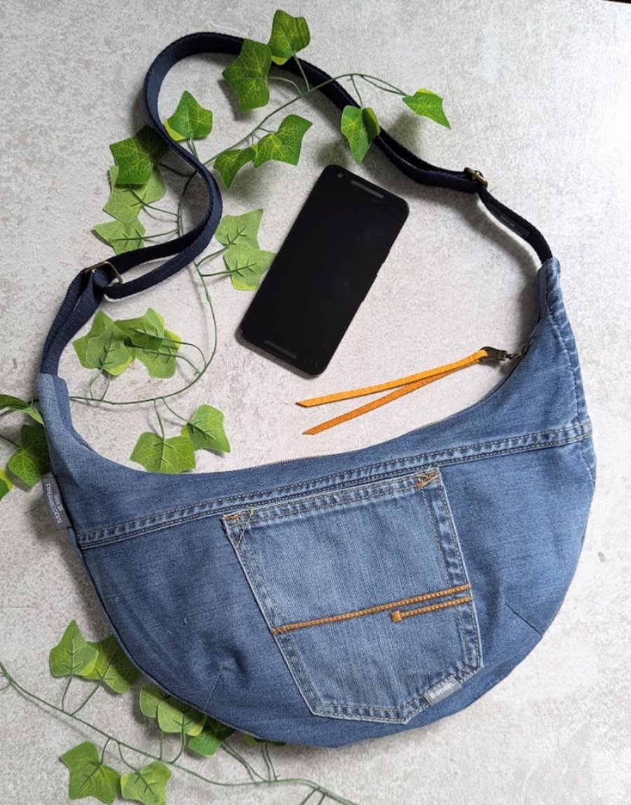 Upcyled Denim Dumpling Sling Bag. Cross Body Bag. Jeans Bag with Cat Lining