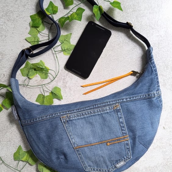 Upcyled Denim Dumpling Sling Bag. Cross Body Bag. Jeans Bag with Cat Lining