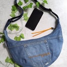 Upcyled Denim Dumpling Sling Bag. Cross Body Bag. Jeans Bag with Cat Lining