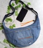 Upcyled Denim Dumpling Sling Bag. Cross Body Bag. Jeans Bag with Cat Lining