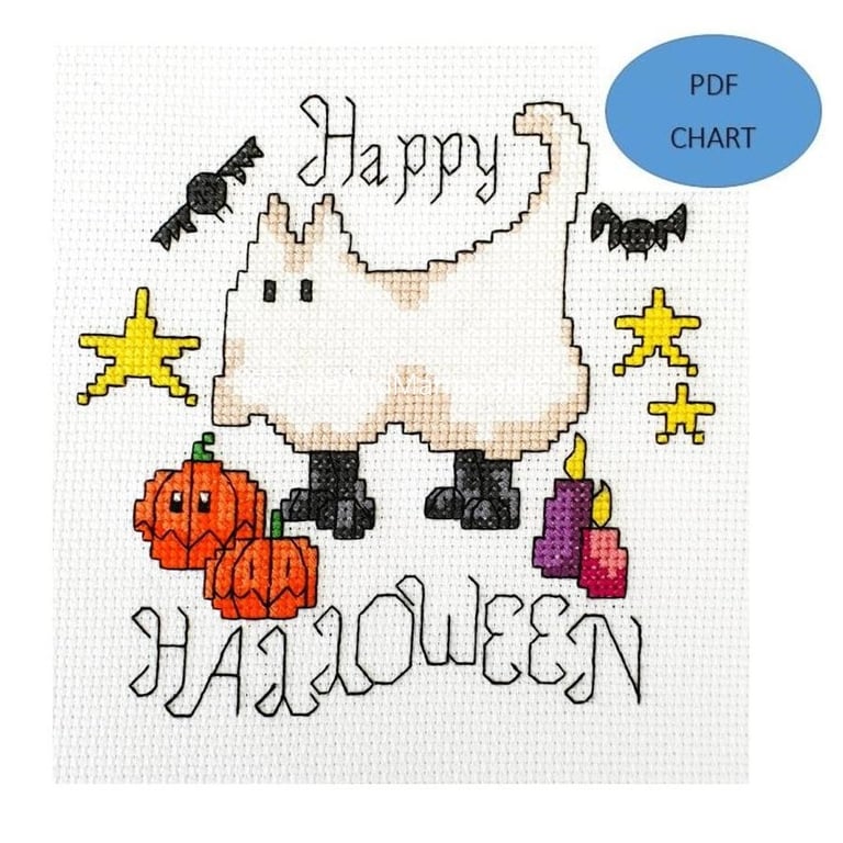 Halloween Ghost Cat cross stitch chart (PDF Digital Download pattern)