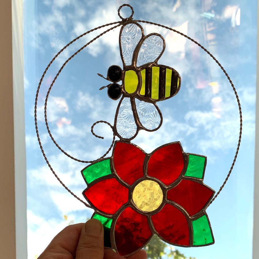 Stained Glass Bee and Flower Suncatcher - Handmade Window Decoration 
