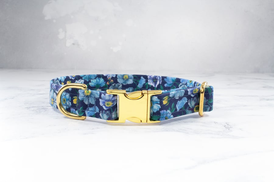 Dog Collar handmade using Liberty of London Tana Lawn- Cosmos, Blue