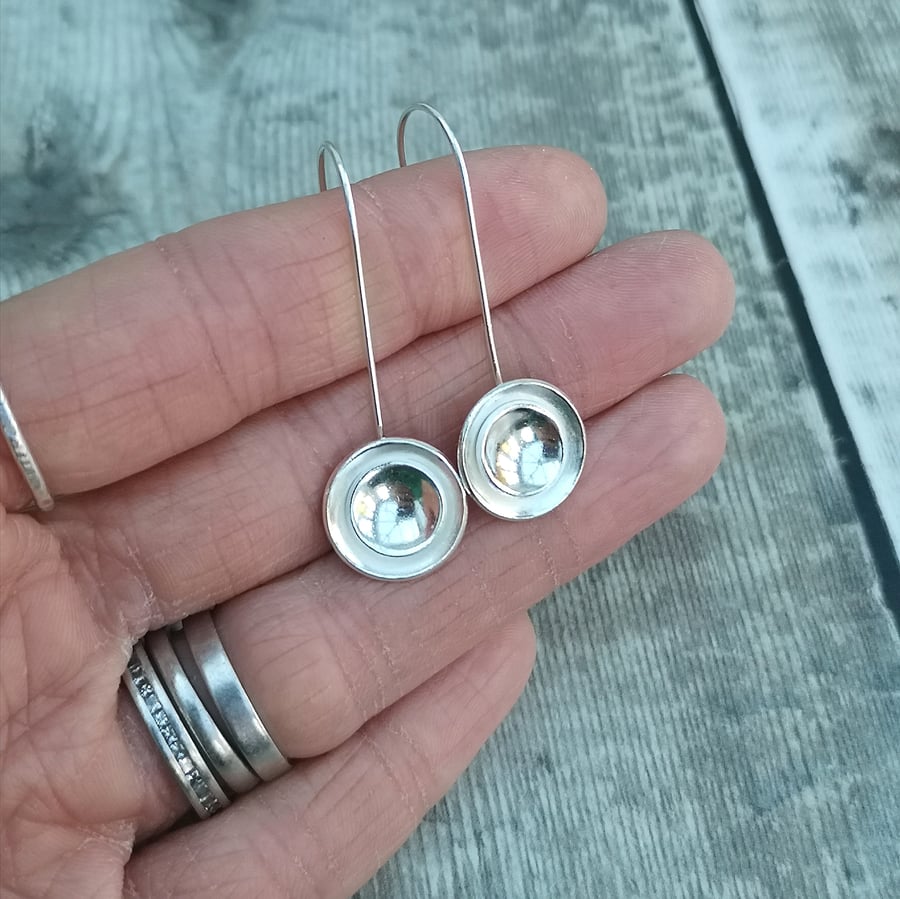 Sterling Silver 2 Curved Disc Dome Drop Earrings