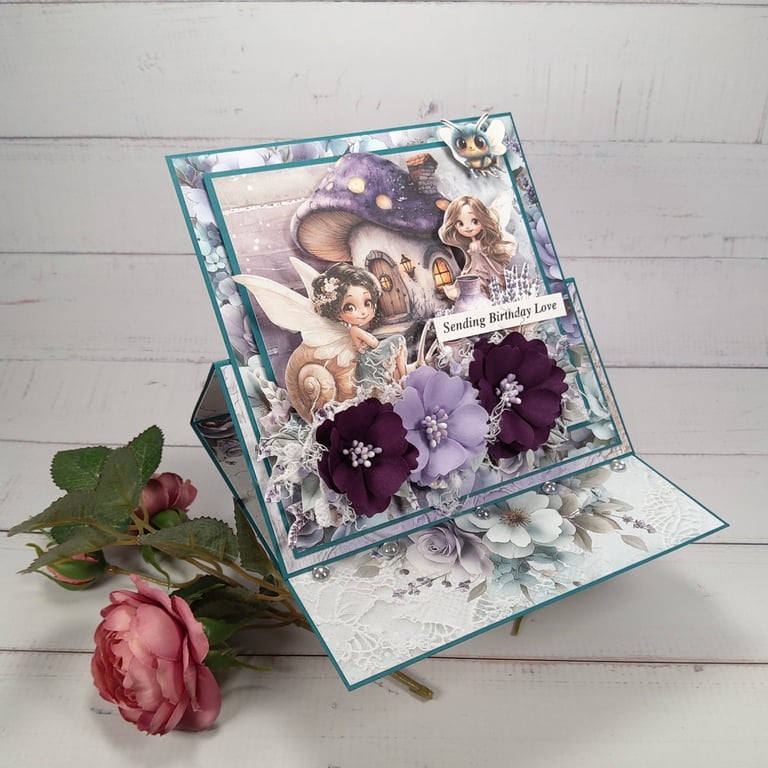 Handmade Easel Birthday Card (123) Fairy Garden Purple Flowers. 