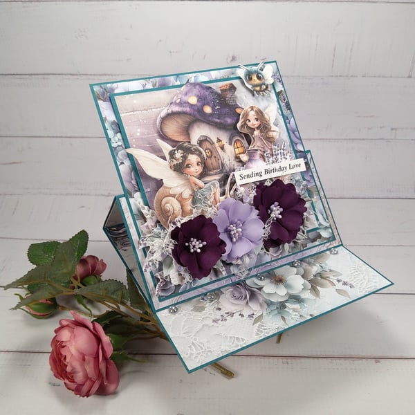 Handmade Easel Birthday Card (123) Fairy Garden Purple Flowers. 