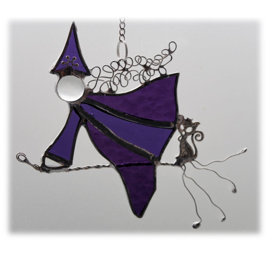  Witch on Broomstick Suncatcher Stained Glass 034 Purple