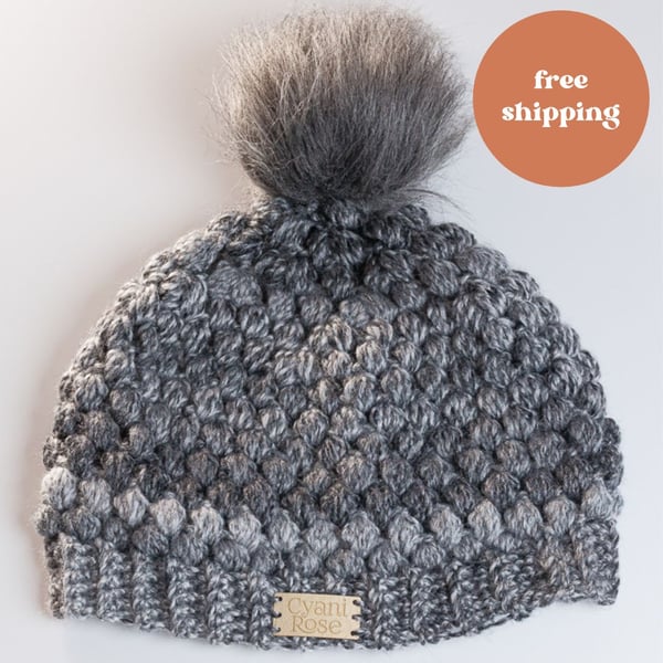 Hand made crochet puff stitch hat with handmade faux fur detachable pompom grey
