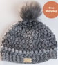 Hat and made crochet puff stitch with handmade faux fur detachable pompom grey - Image 1
