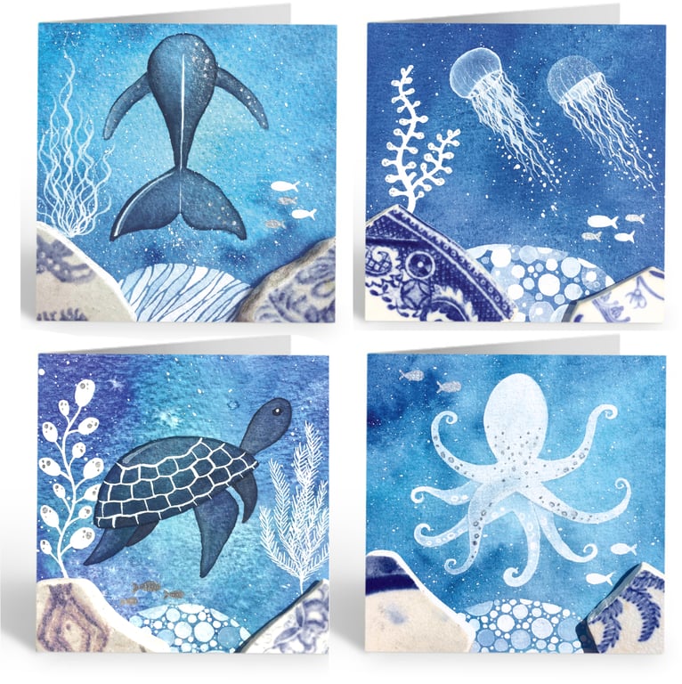 Greetings Cards (Pack of 4) - Watercolour - Whale, Jellyfish, Octopus, Turtle