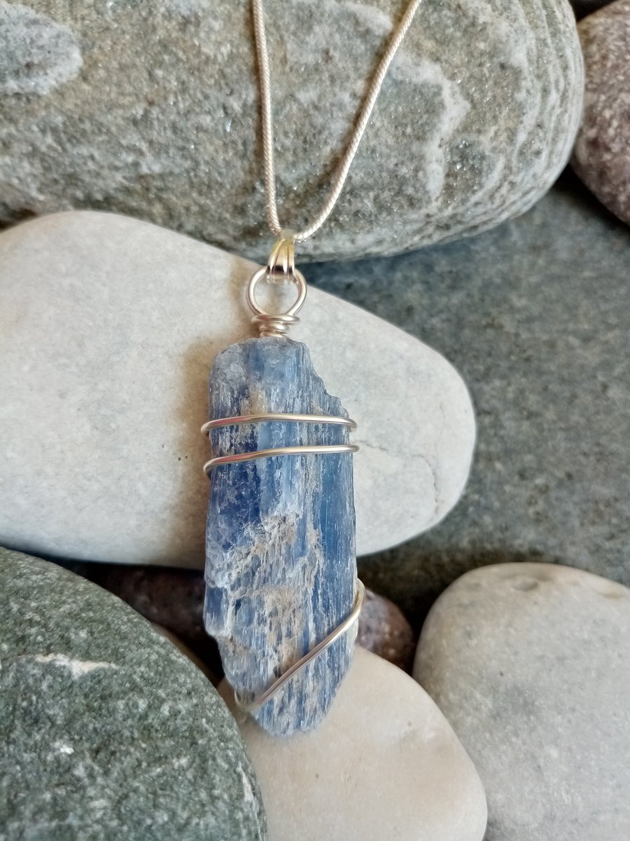 Wire-wrapped natural Kyanite necklace 