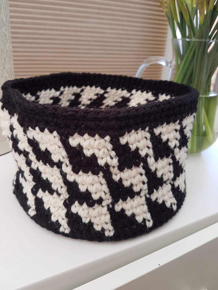 Black and cream crocheted basket