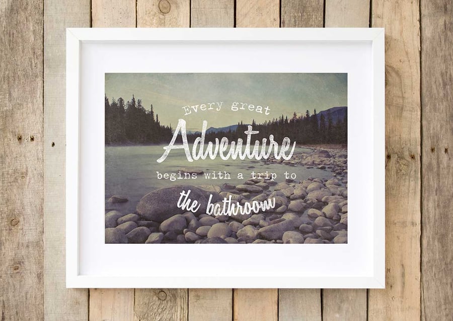 Bathroom wall art rustic mountain print, Toilet art adventure print