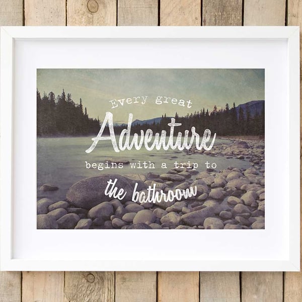 Bathroom wall art rustic mountain print, Toilet art adventure print