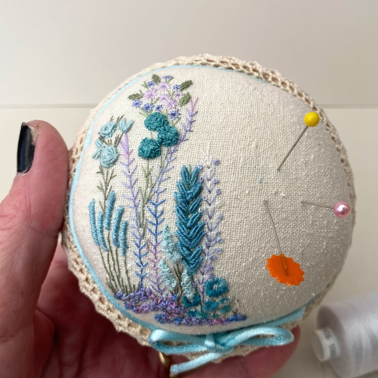Hand Embroidered Pin Cushion, cupcake pincushion sewing gift