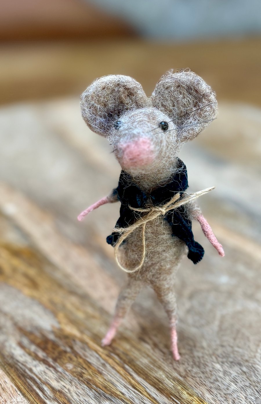 Needle felt hand crafted whimsical mouse in a rustic waistcoat