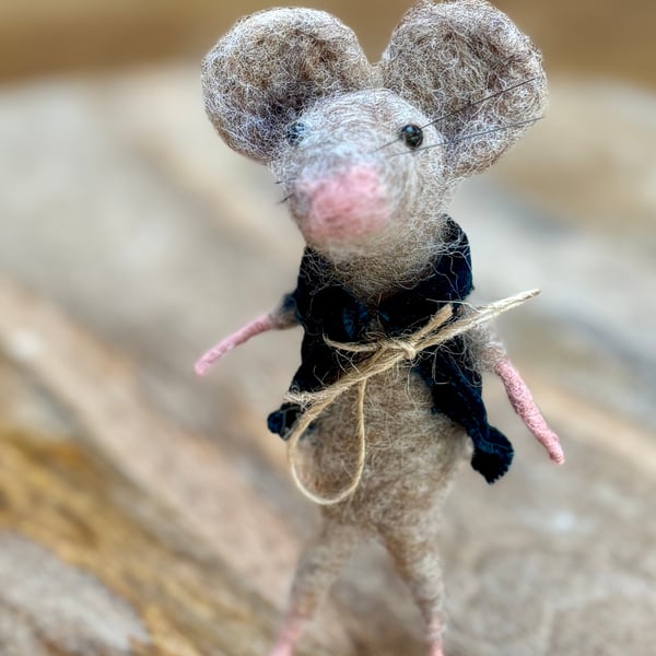 Needle felt hand crafted whimsical mouse in a rustic waistcoat