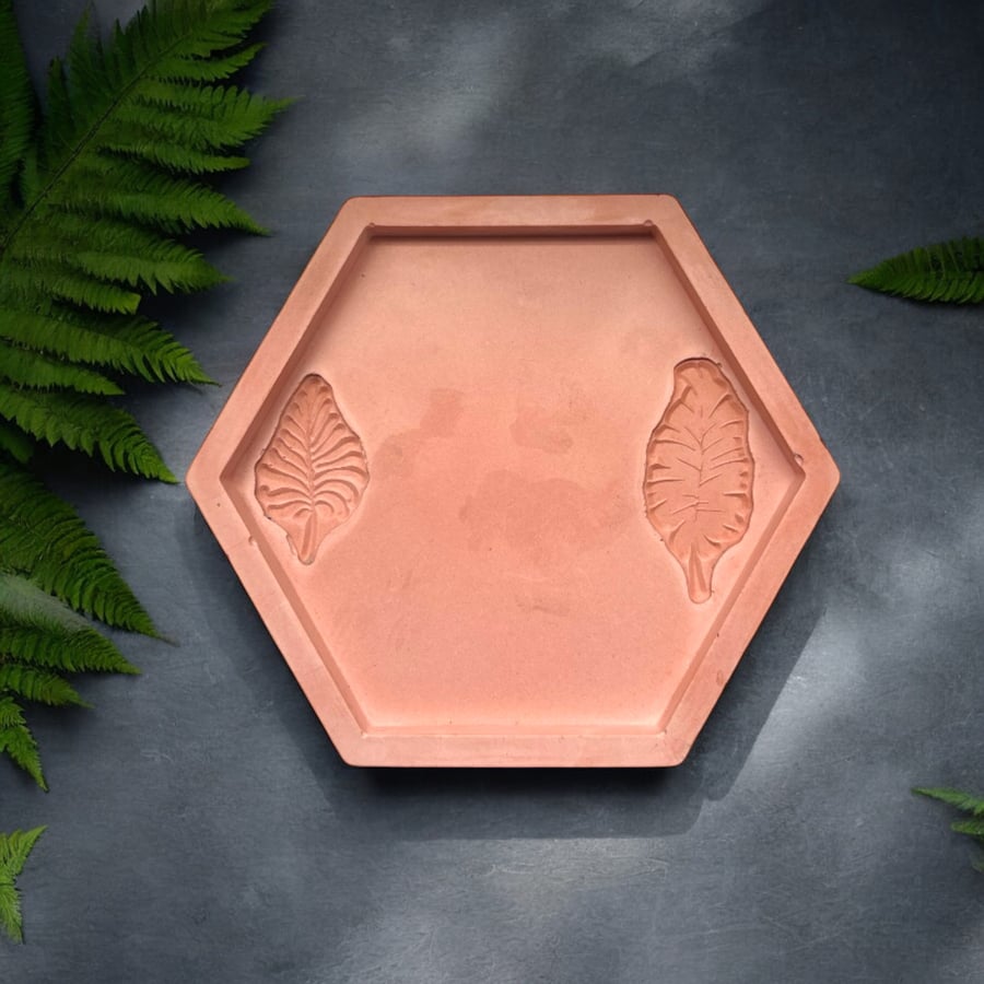 Terracotta Coloured Hexagonal Decorative Tray -Trinket Dish With Leaf Imprints