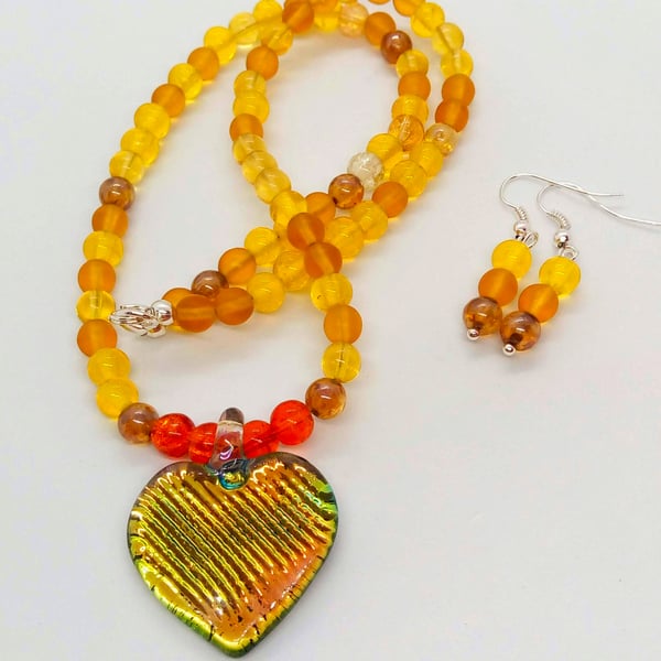 Orange Glass Heart on a Beaded Necklace with Matching Earrings, Gift for Her