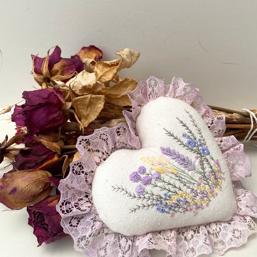 Hand embroidered heart, wall hanging lavender heart, wedding gift ring pillow