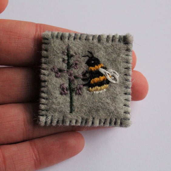 Bee and Blossom Embroidered Wildflower Felt Brooch