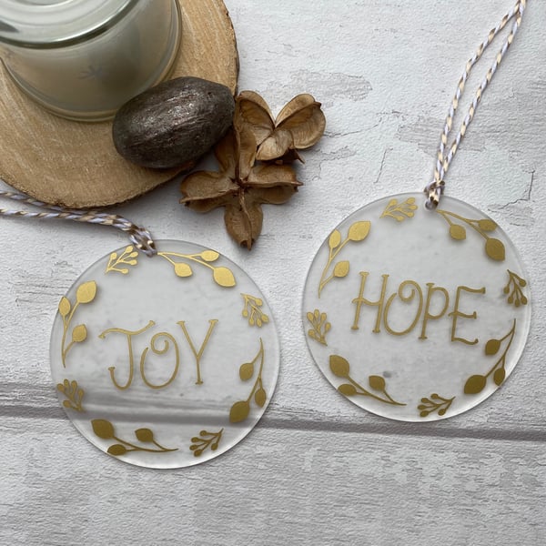 Christmas Tree Decorations, Acrylic decorations, joy and hope, floral wreath 