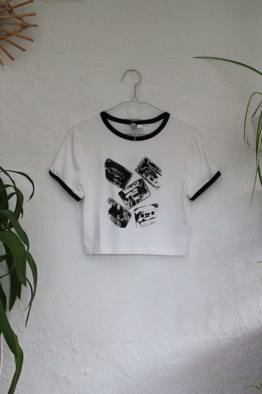 Ladies size L cropped T shirt, reworked Eco clothing, retro tape cassette print