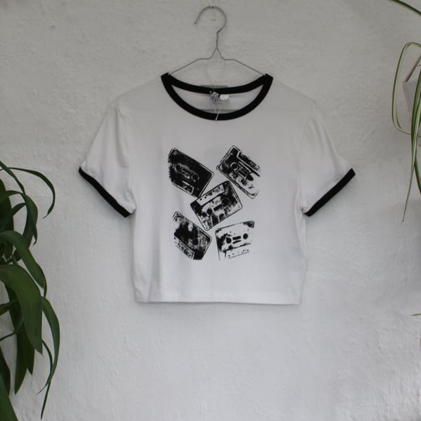 Ladies size L cropped T shirt, reworked Eco clothing, retro tape cassette print