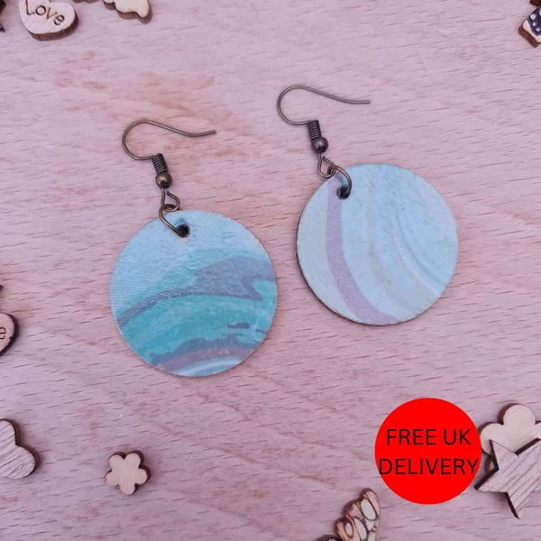 Turquoise Marble Wooden Decoupaged Round Copper Plated Earrings - FREE UK P&P