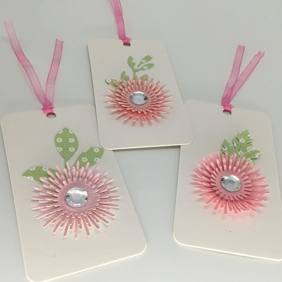 Floral gift tags - pastel pink with clear adhesive gem centres